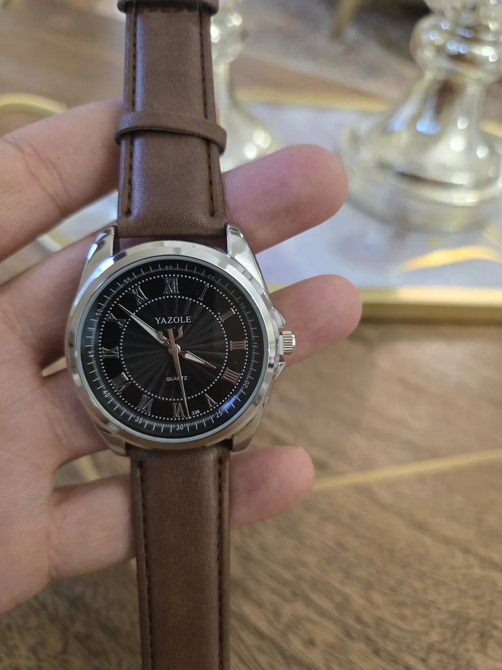 Men's Brown Leather Strap Watch with Black Dial